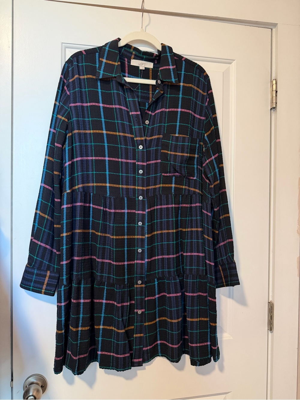 LOFT Plaid Button-Front Long Sleeve Dress with Multi-Color Stripes